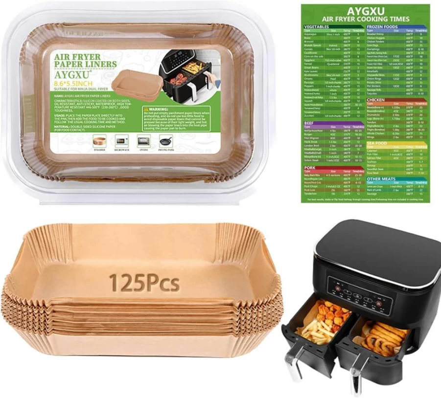 AYGXU 125-Pack Disposable Air Fryer Liners, 8.6"x5.5" Parchment Paper Sheets Compatible with Ninja Dual Basket & Most Air Fryers, Non-Stick Baking Sheets for Easy Cleanup