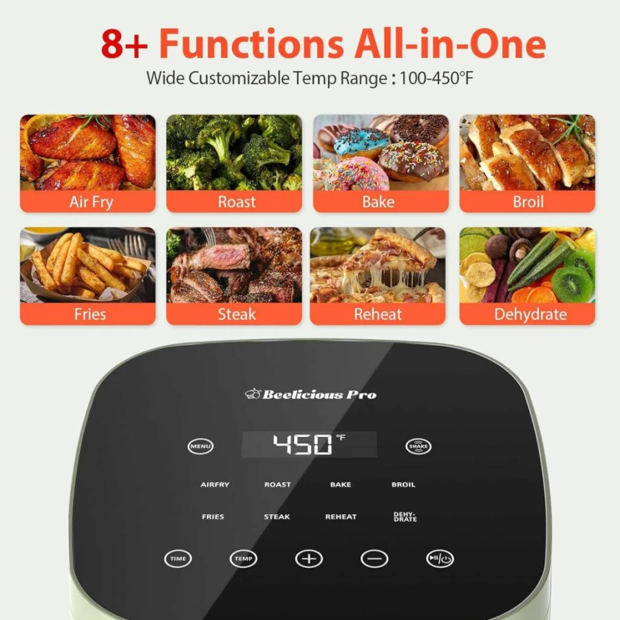Beelicious Pro 4Qt Air Fryer with Flavor-Lock Tech, 8-in-1 Functions, Shake Reminder, 450°F Digital Controls, Dishwasher-Safe Nonstick Basket, Compact for 1-3 People, Bright White