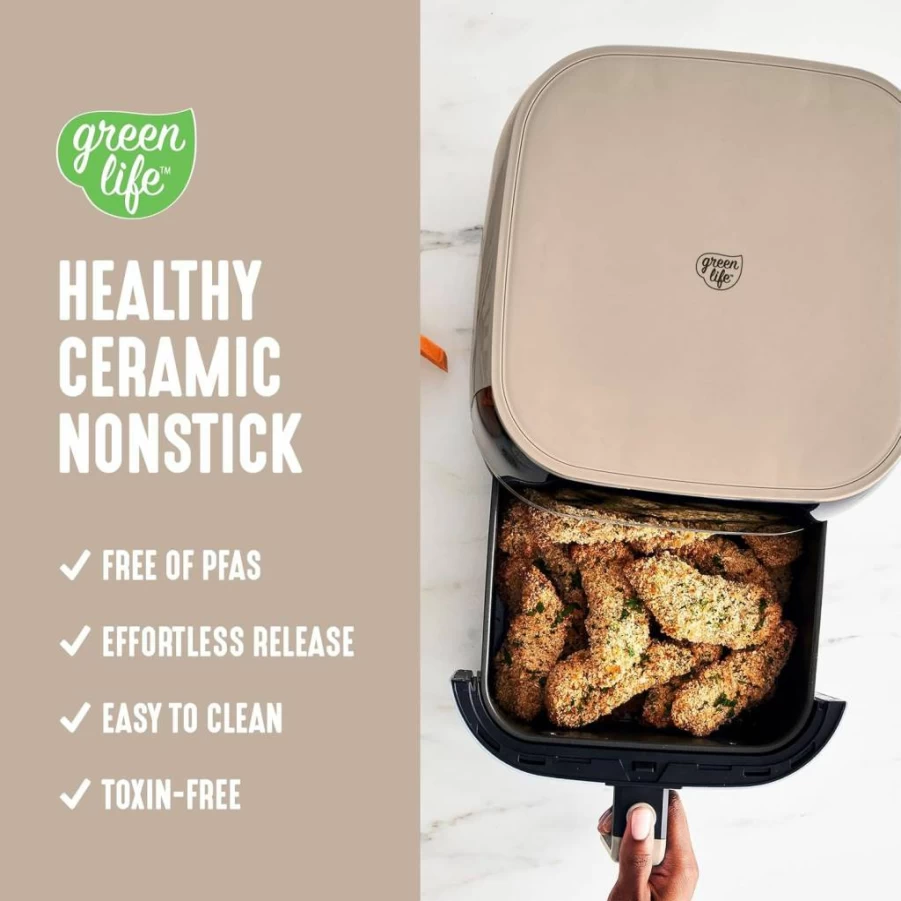 GreenLife 5.3 Qt Electric Air Fryer Oven with Pfas-Free Ceramic Nonstick, 8 One-Touch Presets, Easy View Window, Auto Shut-Off, Dishwasher Safe, 1500W, Sage