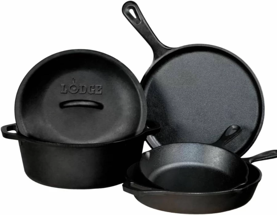 Lodge 5-Piece Pre-Seasoned Cast Iron Cookware Set: 10.5" Griddle, 8" & 10.25" Skillets, 10.25" Dutch Oven with Lid, Black