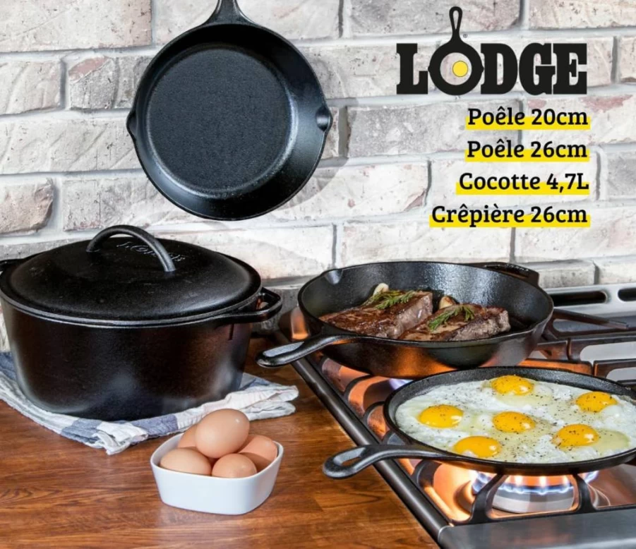 Lodge 5-Piece Pre-Seasoned Cast Iron Cookware Set: 10.5" Griddle, 8" & 10.25" Skillets, 10.25" Dutch Oven with Lid, Black