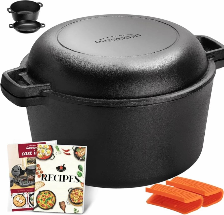 Overmont 5 Quart Pre-Seasoned Cast Iron Dutch Oven with Skillet Lid - Induction Compatible for Stovetop, Grill, Camping & BBQ