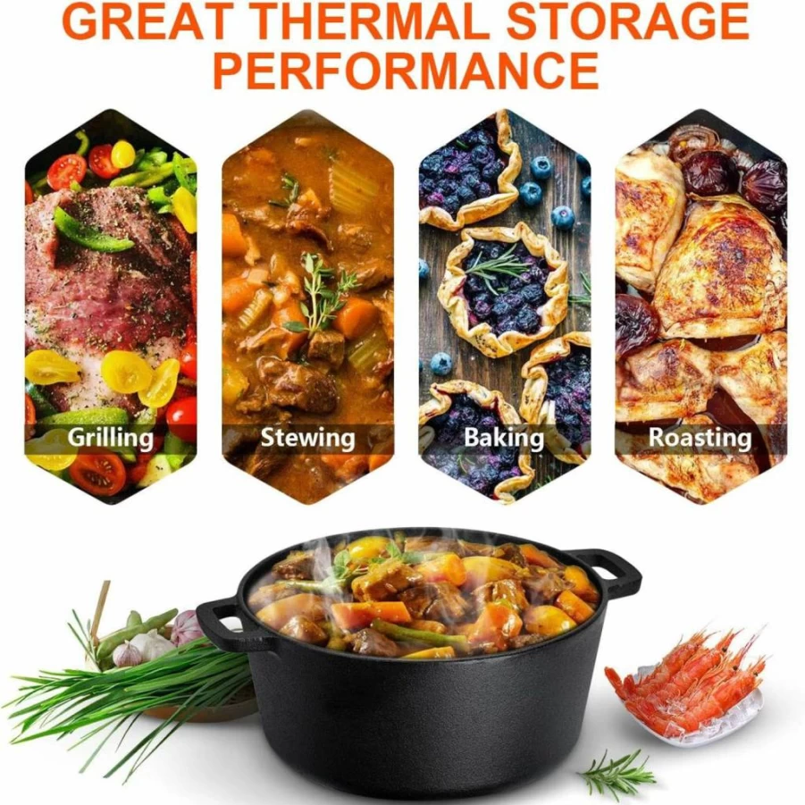 Overmont 5 Quart Pre-Seasoned Cast Iron Dutch Oven with Skillet Lid - Induction Compatible for Stovetop, Grill, Camping & BBQ