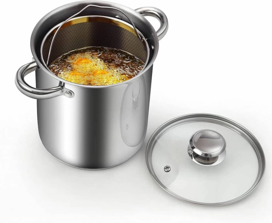 Cook N Home 4 Quart Stainless Steel Deep Fryer Pot with Glass Lid & Drainer Rack - 6.3 Inch Japanese Tempura Frying Pot for Chicken, French Fries - 304 Stainless Steel Kitchen Deep Fryer