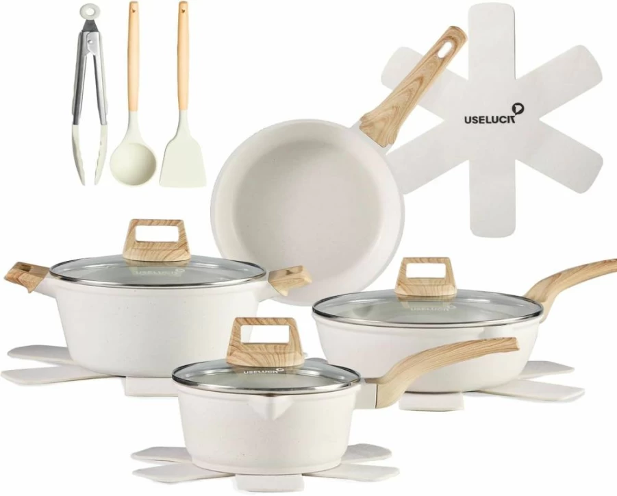 USELUCK 14-Piece Nonstick Pots and Pans Set - Induction Compatible Black Cookware with Frying Pans, Stay-Cool Handles, Silicone Utensils & Pot Protectors for Healthy Cooking