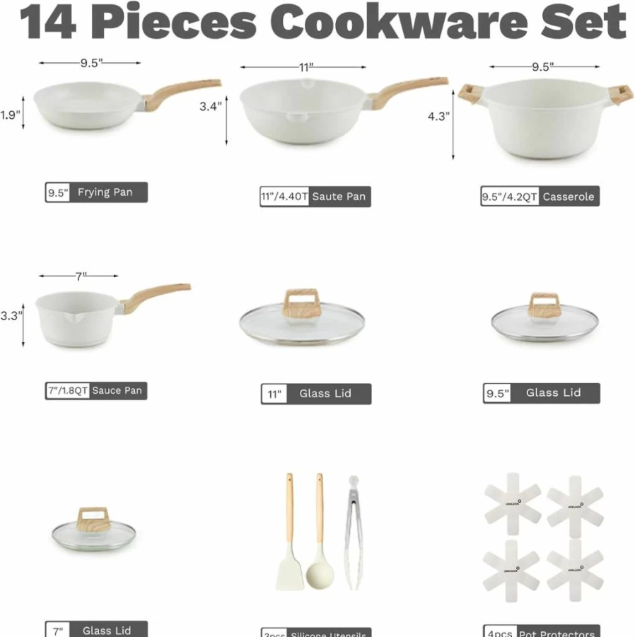 USELUCK 14-Piece Nonstick Pots and Pans Set - Induction Compatible Black Cookware with Frying Pans, Stay-Cool Handles, Silicone Utensils & Pot Protectors for Healthy Cooking