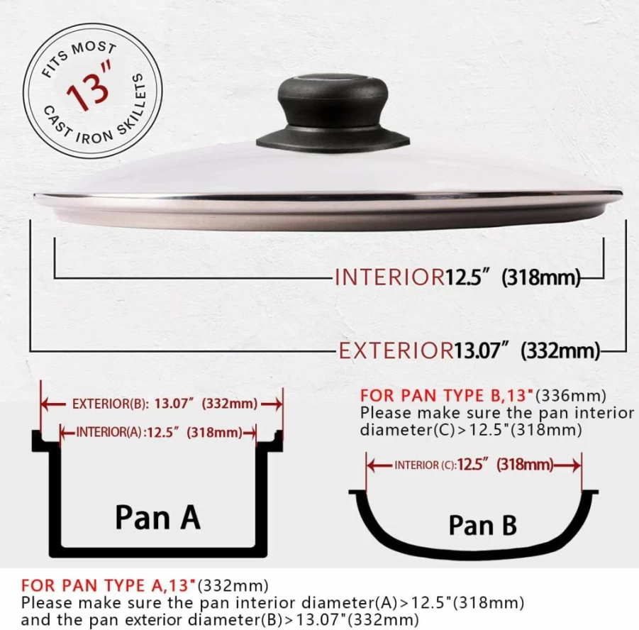 CORYTAO 13 Inch Tempered Glass Lid - Universal Pan Cover for Cast Iron Skillets, Frying Pans, Pots & Wok - Shatter-Resistant Clear Replacement Lid