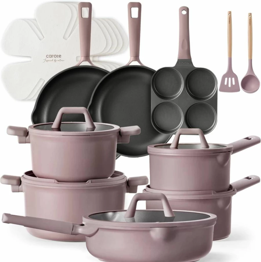 CAROTE 19-Piece Nonstick Cookware Set, Granite Coating Pots and Pans Set, Induction Compatible Kitchen Cooking Set with Frying Pans, Brown