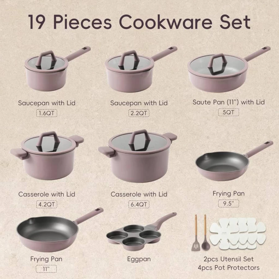 CAROTE 19-Piece Nonstick Cookware Set, Granite Coating Pots and Pans Set, Induction Compatible Kitchen Cooking Set with Frying Pans, Brown