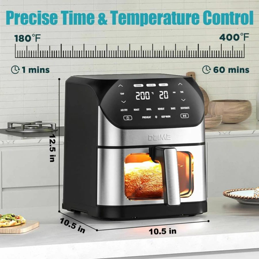 Deime 6.2 Qt Air Fryer with 8 Presets, Digital LCD Touch Screen, Visual Window, Non-Stick Basket & Recipes - 1500W Oil-Free Healthy Cooking, Large Capacity (Black)
