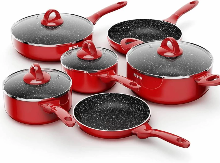 BEZIA 10-Piece Nonstick Induction Cookware Set - Dishwasher Safe Pots & Pans with Stay-Cool Bakelite Handles, Scratch Resistant Frying Pans, Saucepans & Stockpot (Black)