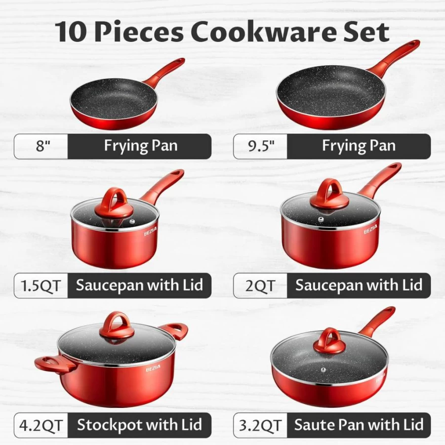 BEZIA 10-Piece Nonstick Induction Cookware Set - Dishwasher Safe Pots & Pans with Stay-Cool Bakelite Handles, Scratch Resistant Frying Pans, Saucepans & Stockpot (Black)