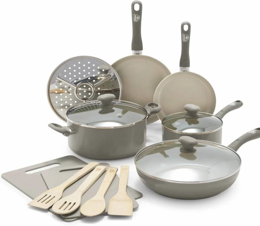 GreenLife Nonstick Ceramic Cookware Set, 23-Piece Pots and Pans with Soft Grip Handles, PFAS-Free, Dishwasher Safe, Black Kitchen Utensils Included