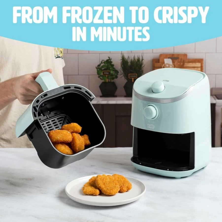 Tasty 2-Quart Personal Air Fryer, 900W, Adjustable Temperature up to 400°F, Nonstick PFAS-Free Basket, Easy-to-Clean, Healthy Cooking, Compact White Design