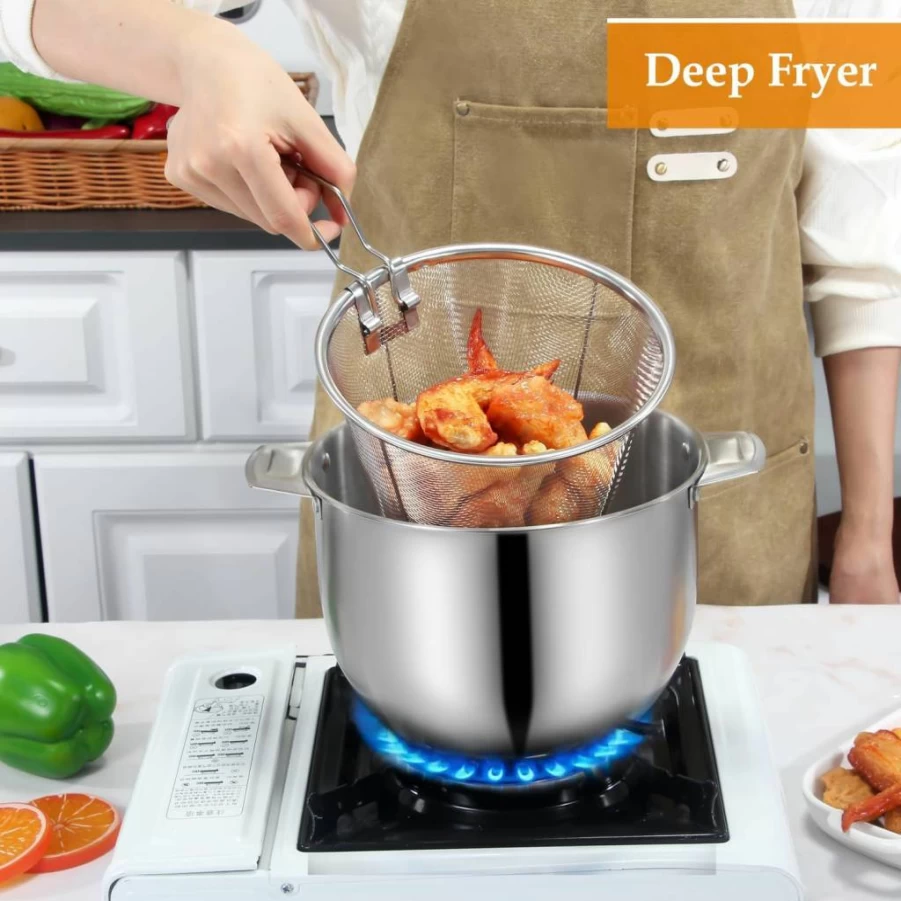 BeVerxia Stainless Steel Deep Fryer Pot with Basket, Lid & Strainer - 4Qt Stove Top Fryer for Oil, Lard, Ghee - Versatile Bacon Grease Saver & Drippings Container