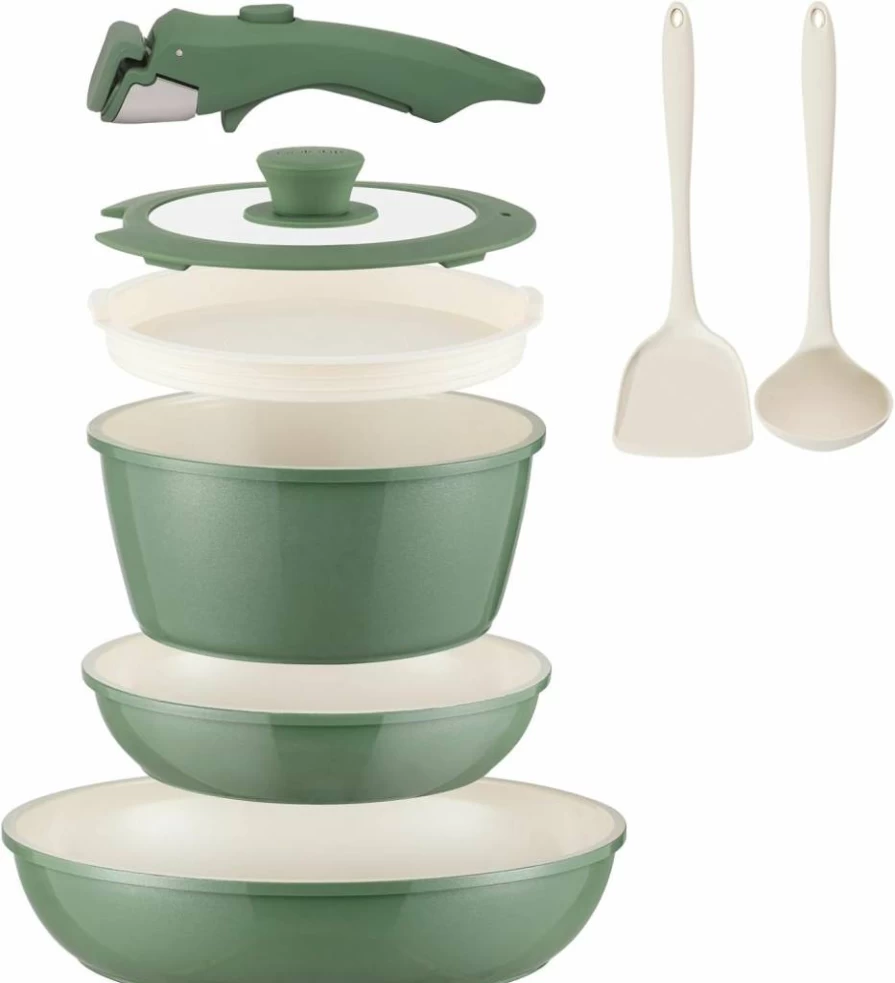 Coicur 8-Piece Non-Toxic Ceramic Non-Stick Cookware Set - PFAS/PFOA Free, Oven & Dishwasher Safe, Cream White Pots & Pans with Detachable Handles for Induction Cooking