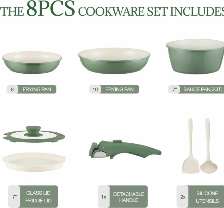Coicur 8-Piece Non-Toxic Ceramic Non-Stick Cookware Set - PFAS/PFOA Free, Oven & Dishwasher Safe, Cream White Pots & Pans with Detachable Handles for Induction Cooking