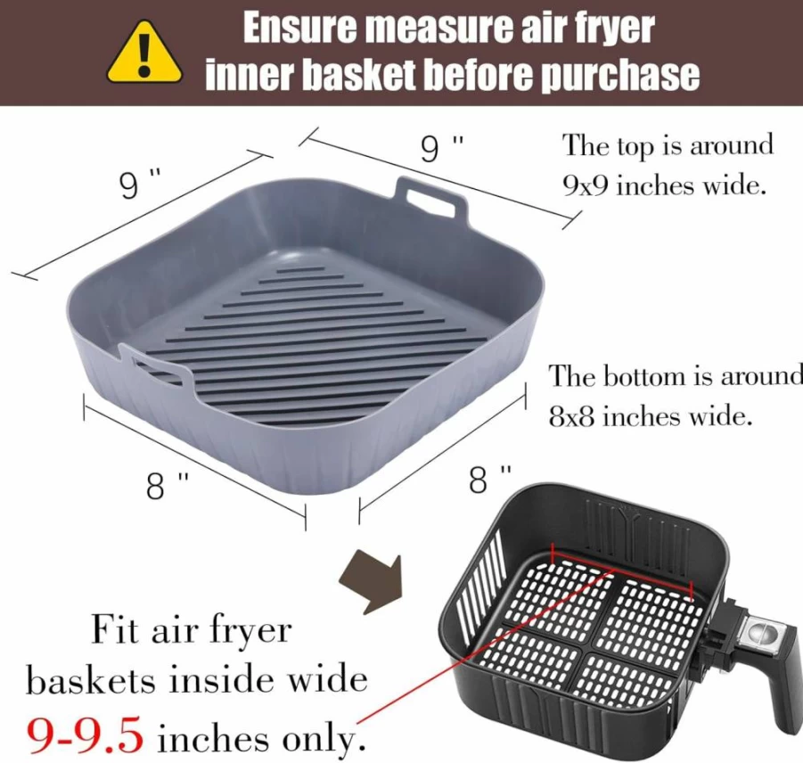Golden Associate 2-Pack Square Silicone Air Fryer Liners - 9" Non-Stick Reusable Baking Tray, Food-Grade Basket Accessories for Airfryer (Fits 8" Bottom)