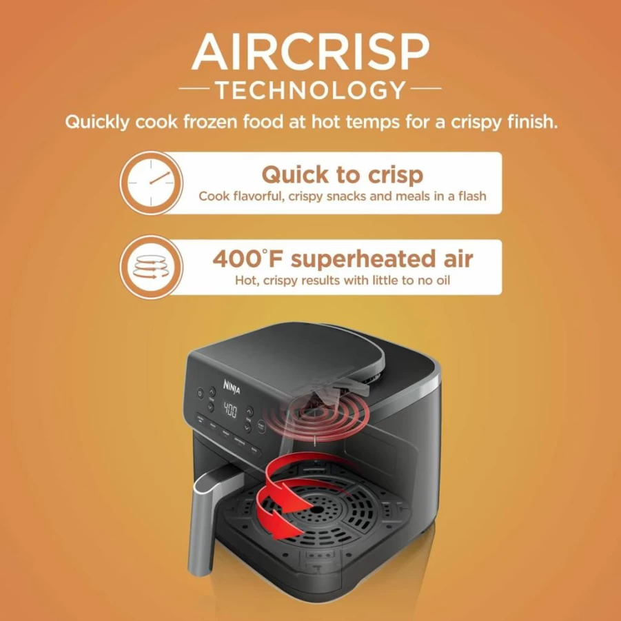 Ninja AF141 Air Fryer 5 Quart, 4-in-1 Countertop Oven for Air Frying, Roasting, Reheating & Dehydrating, 400°F Rapid Air Crisp Technology, Nonstick Basket with Crisper Plate, 120V, Grey