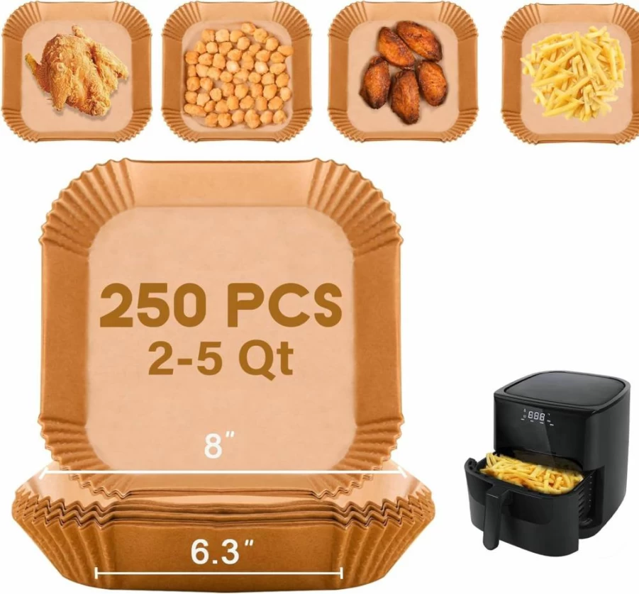 Golden Associate 250-Pack Square Air Fryer Parchment Paper Liners for 5-8 QT Baskets, Non-Stick Oil-Proof Disposable Cooking Sheets