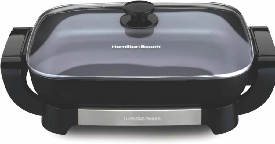 Hamilton Beach 12x15" Electric Skillet with PFAS-Free Ceramic Coating, Adjustable Temp, Removable Pan, Reversible Design & Tempered Glass Lid, Black Nonstick (38531)