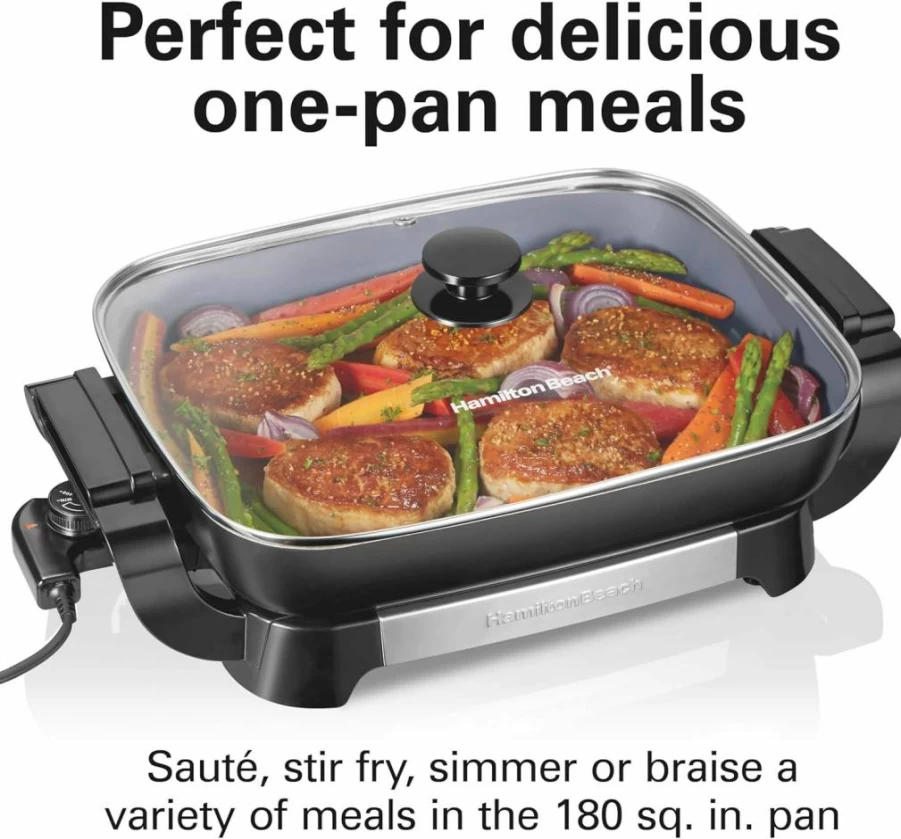 Hamilton Beach 12x15" Electric Skillet with PFAS-Free Ceramic Coating, Adjustable Temp, Removable Pan, Reversible Design & Tempered Glass Lid, Black Nonstick (38531)