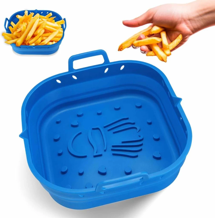 PARTY PORT 9 Inch Square Platinum Silicone Air Fryer Liners - Reusable, BPA Free, Extra Strong & Easy Clean - Fits 5.8QT to 8QT Air Fryers, Oven & Microwave Safe Accessories (Blue)