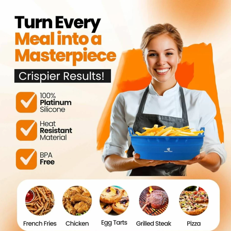 PARTY PORT 9 Inch Square Platinum Silicone Air Fryer Liners - Reusable, BPA Free, Extra Strong & Easy Clean - Fits 5.8QT to 8QT Air Fryers, Oven & Microwave Safe Accessories (Blue)