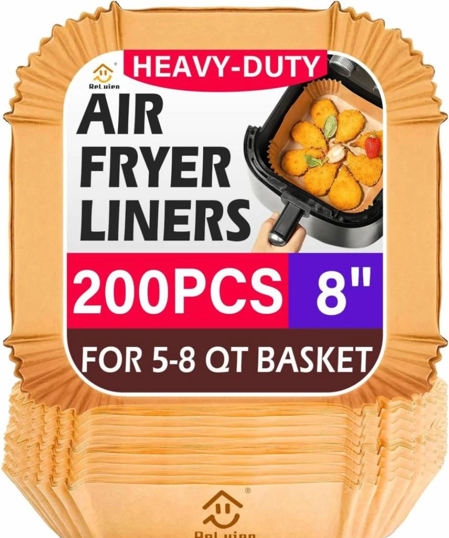 ReLuien 200Pcs 8.7" Square Air Fryer Liners, Disposable Parchment Paper for Baking, Roasting, Microwave - Non-Stick, Pre-Cut, Oil-Proof Cooking Accessories
