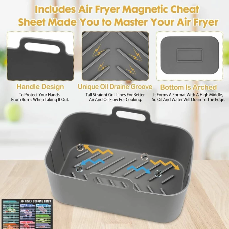 Reusable Silicone Air Fryer Liners 10Qt - 2PCS Non-Stick Basket Insert for Ninja DZ550/DZ401, Large Air Fryer Accessories with Magnetic Cheat Sheet by ZXZMZT (Grey)