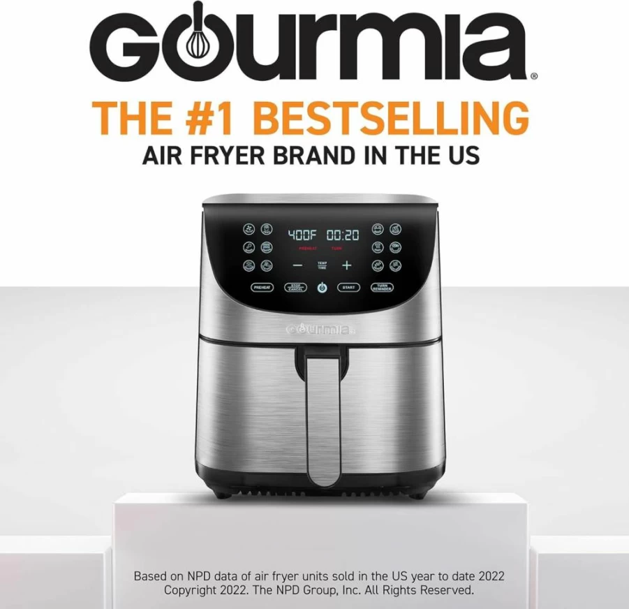 Gourmia GAF778 7QT Air Fryer Oven with Digital Display, 12 Presets, FryForce 360 Technology, 1700W, XL Basket, Black & Stainless Steel, Multifunction Cooker