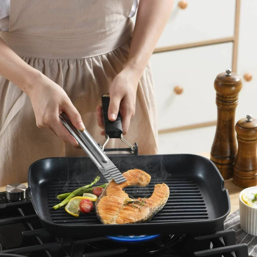 S·KITCHN Nonstick Grill Pan for Induction Cooktops, Glass Stove Top Grill Plate for Indoor Gas Range, PFOA-Free Ceramic Coating Skillet with Removable Handle
