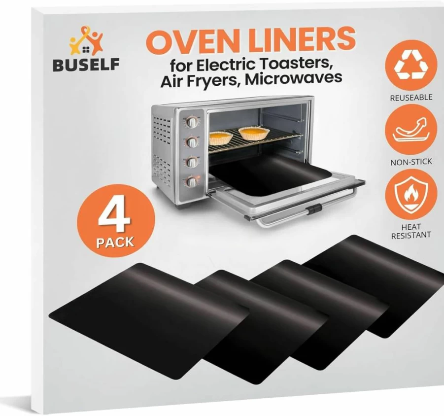 Buself Nonstick Heat Resistant Toaster Oven Liner 9x11 Inch, 4 Pack, PFOA & BPA Free, Compatible with Breville, Cuisinart, Black+Decker, Gourmia, Dash & More, Black