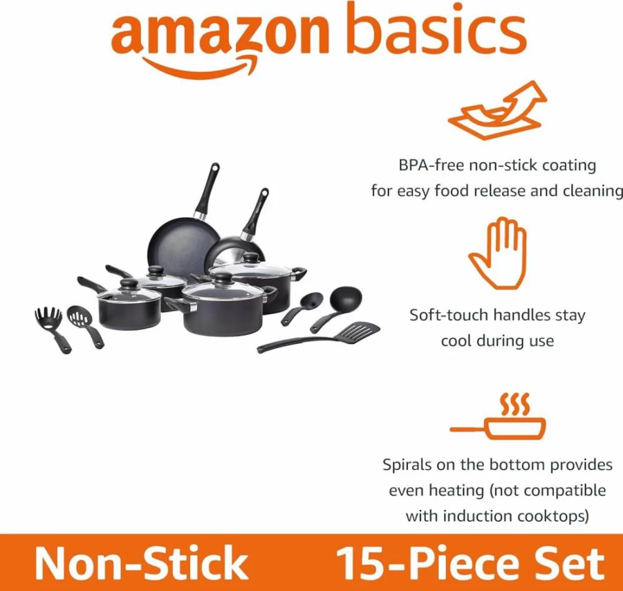 Amazon Basics Non-Stick 3-Piece Cookware Set - 8, 10, 12-Inch Frying Pans, Black, Kitchen Essentials