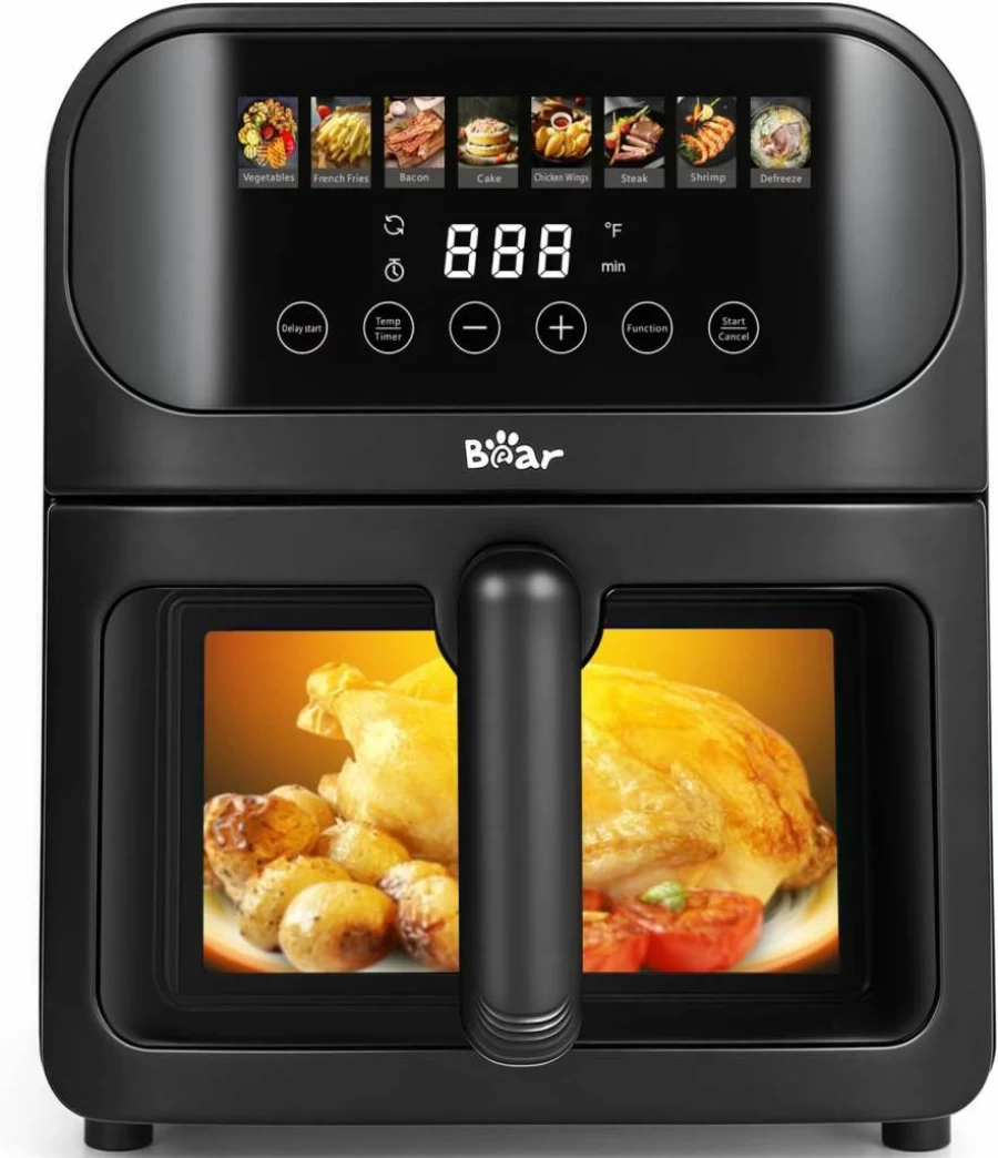 Bear 6.4Qt Air Fryer with 8 Presets, Stainless Steel Non-Stick Basket, Large View Window, Adjustable Timer & Temp, Dishwasher Safe for Roasting, Baking, Crisping Fries & Steak
