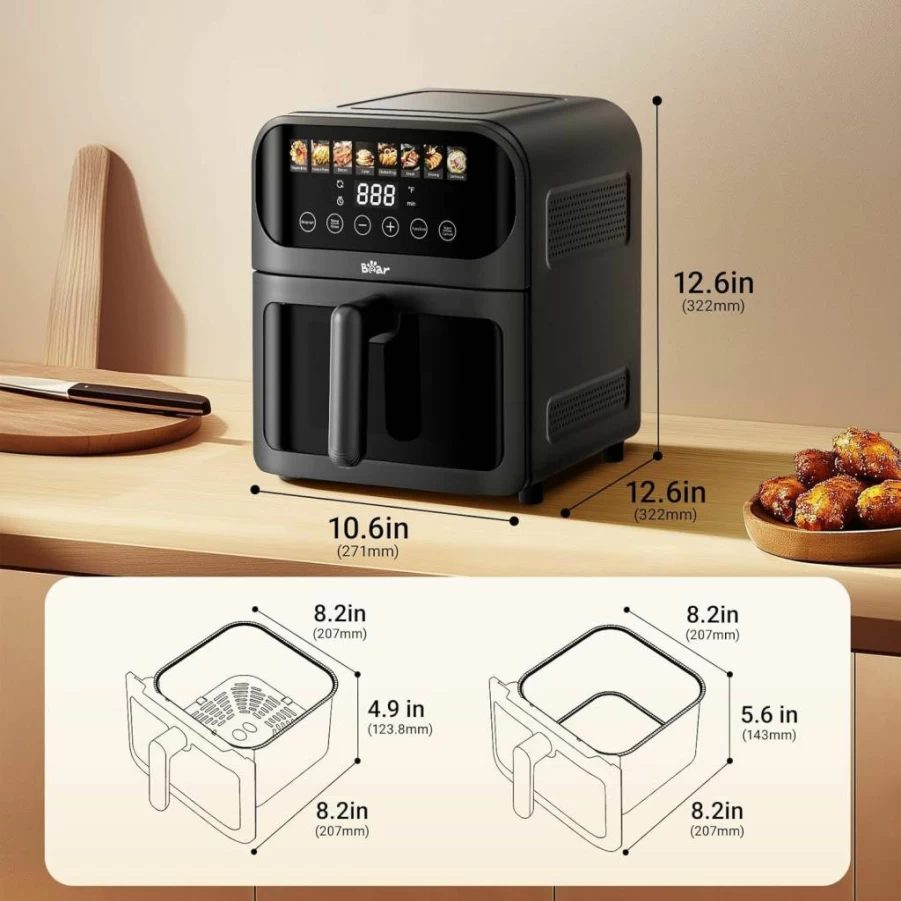 Bear 6.4Qt Air Fryer with 8 Presets, Stainless Steel Non-Stick Basket, Large View Window, Adjustable Timer & Temp, Dishwasher Safe for Roasting, Baking, Crisping Fries & Steak