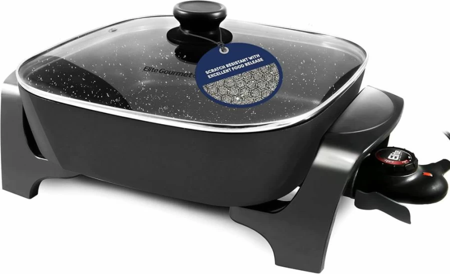 Elite Gourmet EG6203 10.5Qt Non-Stick Electric Skillet with Vented Glass Lid, Extra Deep 16x13 Inch, Scratch Resistant, Dishwasher Safe, Adjustable Temperature, Easy Pour Spout, Black