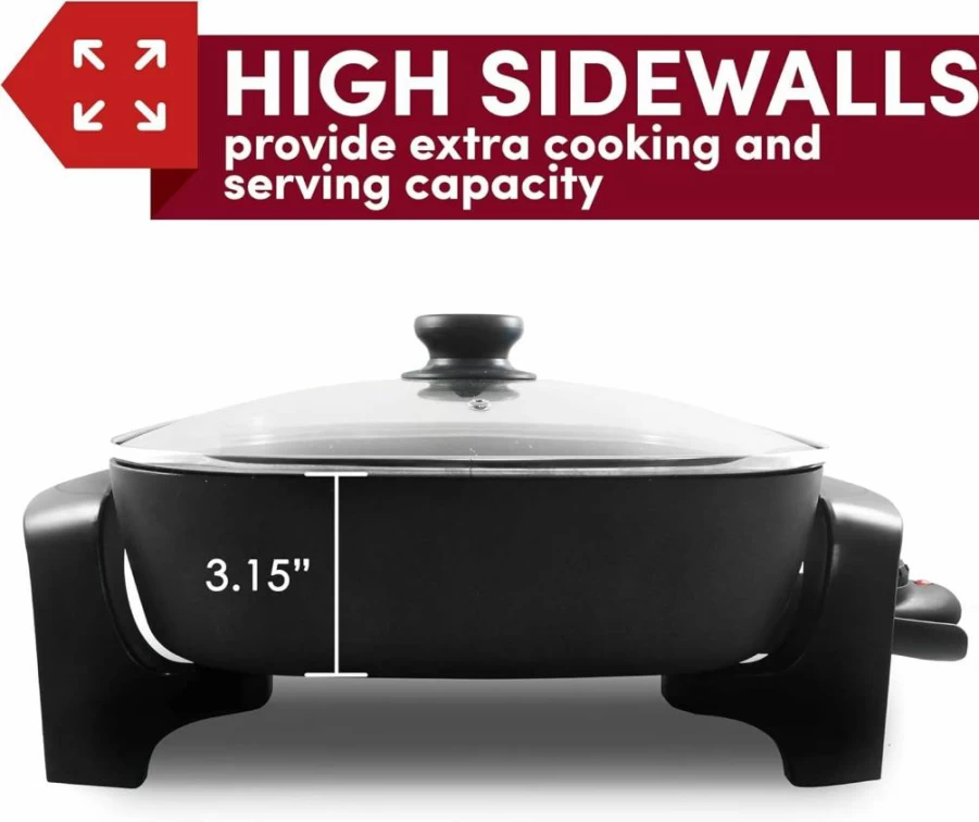 Elite Gourmet EG6203 10.5Qt Non-Stick Electric Skillet with Vented Glass Lid, Extra Deep 16x13 Inch, Scratch Resistant, Dishwasher Safe, Adjustable Temperature, Easy Pour Spout, Black