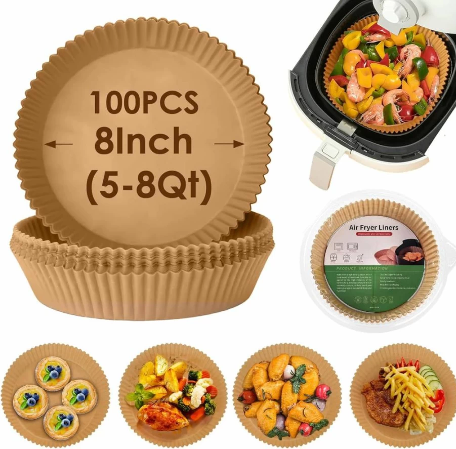 LOYAL SEA 100Pcs 6.3 Inch Air Fryer Parchment Paper Liners, Round Non-Stick Baking Sheets, Oil-Proof & Food Grade Disposable Basket Liners for Airfryer Cooking & Roasting