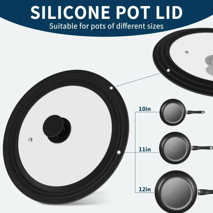 Zhulerzil Universal Pan Lids Set - 7" to 12" Heat-Resistant Silicone Edge & Tempered Glass Cookware Covers for Pots, Pans, Skillets
