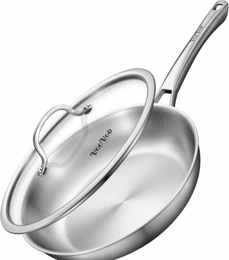 VocVoi 12 Inch Tri-Ply Stainless Steel Frying Pan with Lid - PFOA & PTFE Free, Induction Compatible, Oven & Dishwasher Safe Skillet for Gas & Ceramic Cooktops
