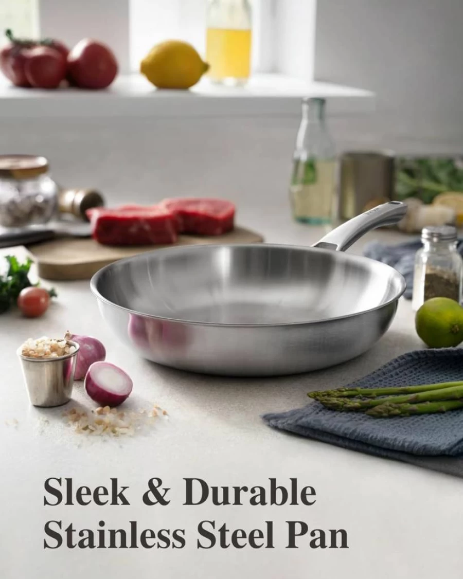 VocVoi 12 Inch Tri-Ply Stainless Steel Frying Pan with Lid - PFOA & PTFE Free, Induction Compatible, Oven & Dishwasher Safe Skillet for Gas & Ceramic Cooktops