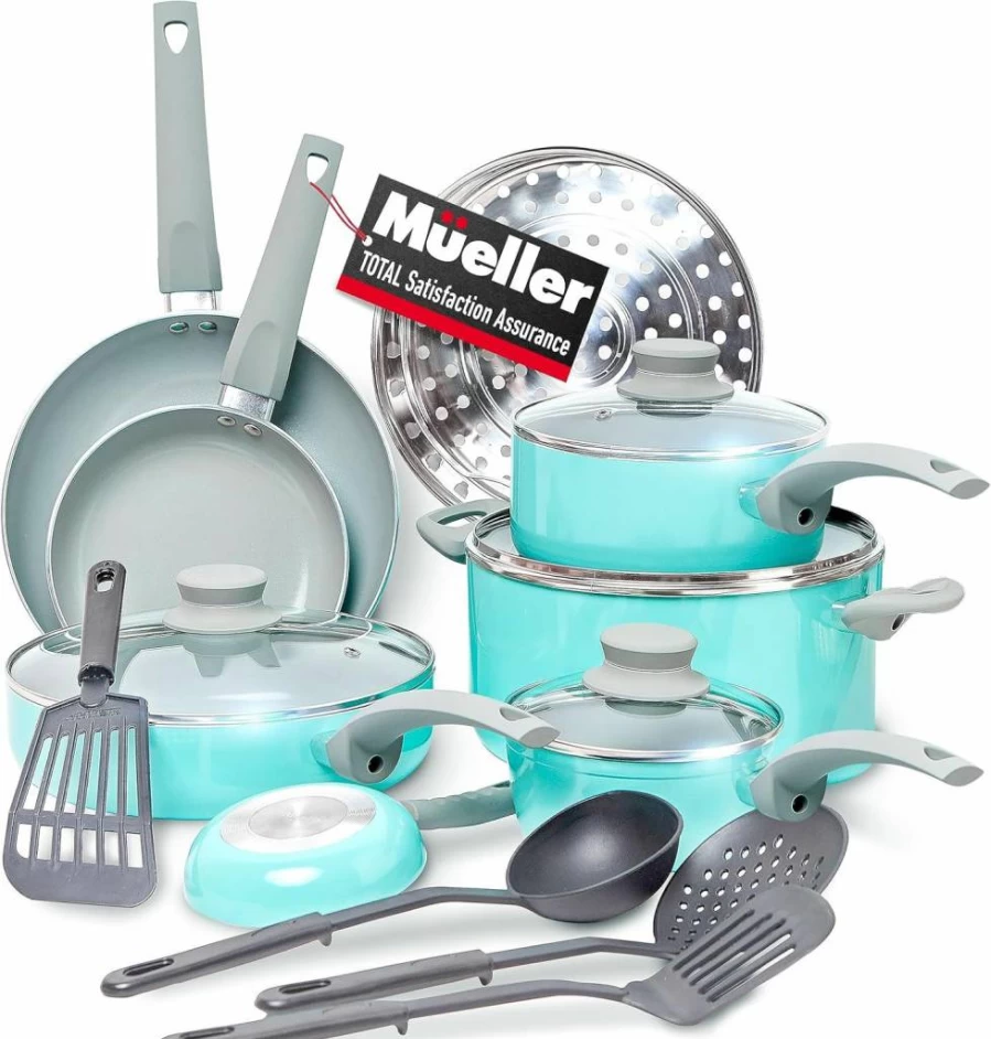 Mueller Ultra-Clad Pro 17-Piece Stainless Steel Cookware Set with Evercool Handle, Induction Compatible - Includes Saucepans, Skillets, Dutch Oven, Stockpot & Steamer