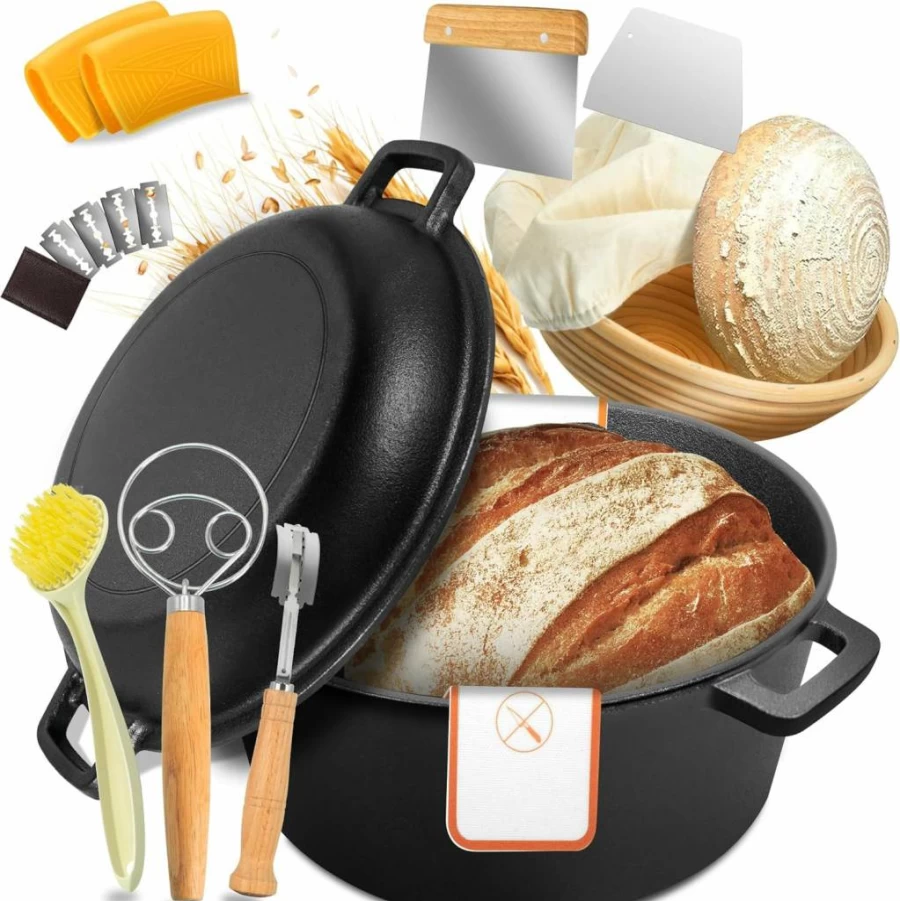 Huolewa 5 Qt Cast Iron Dutch Oven for Bread Baking, Pre-Seasoned with Skillet Lid, Perfect for Sourdough, Frying, Braising, and BBQ