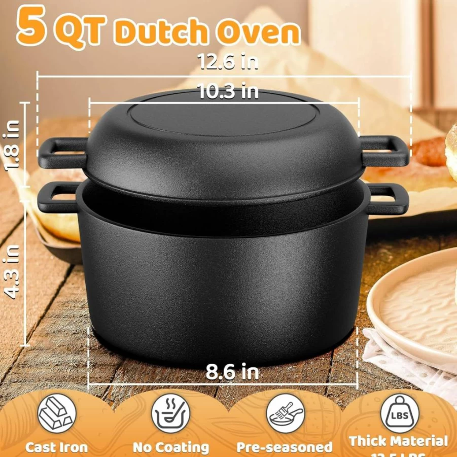 Huolewa 5 Qt Cast Iron Dutch Oven for Bread Baking, Pre-Seasoned with Skillet Lid, Perfect for Sourdough, Frying, Braising, and BBQ
