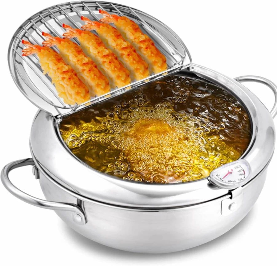 Cuomaop 9.4 Inch Stainless Steel Deep Fryer Pot with Oil Drain & Temperature Control - Induction Compatible Japanese Tempura Fryer for Chicken, French Fries - 304 Stainless Steel Stove Top Cookware