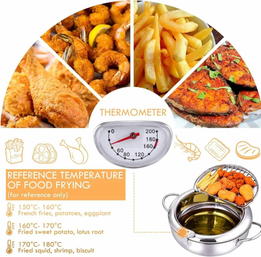 Cuomaop 9.4 Inch Stainless Steel Deep Fryer Pot with Oil Drain & Temperature Control - Induction Compatible Japanese Tempura Fryer for Chicken, French Fries - 304 Stainless Steel Stove Top Cookware