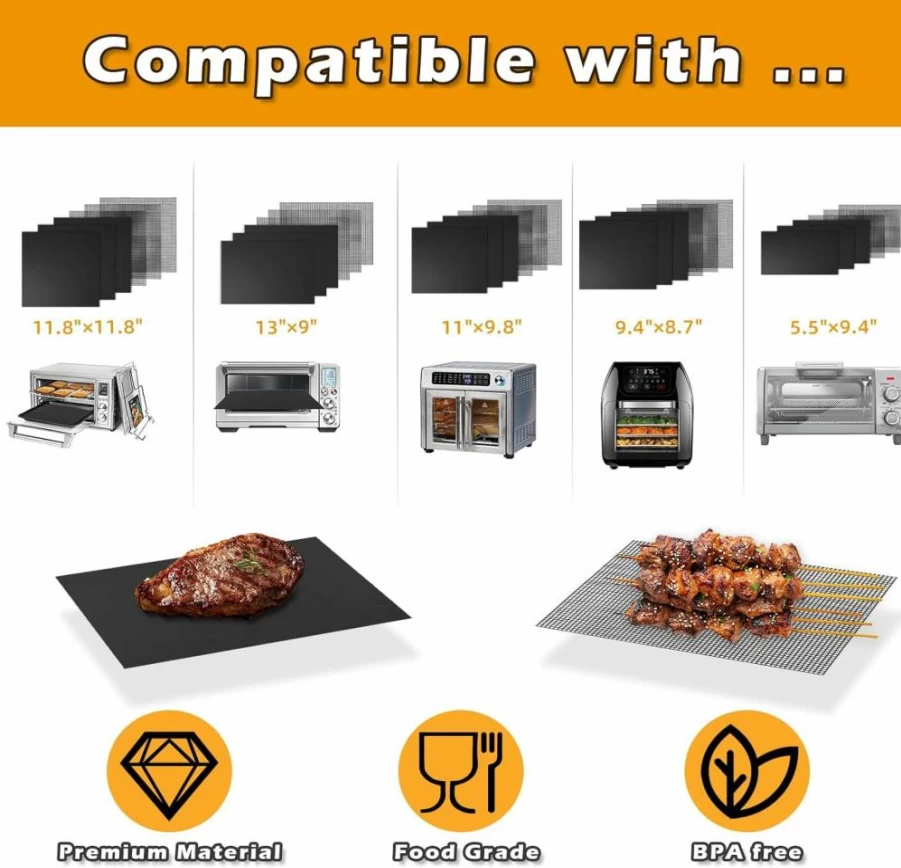 JAYOBGO Reusable Air Fryer Liners - Non-Stick Oven Baking Mats for Breville Smart Oven Air & Ninja Fryers, 3X Liners + 3X Mesh, Dishwasher Safe Accessories