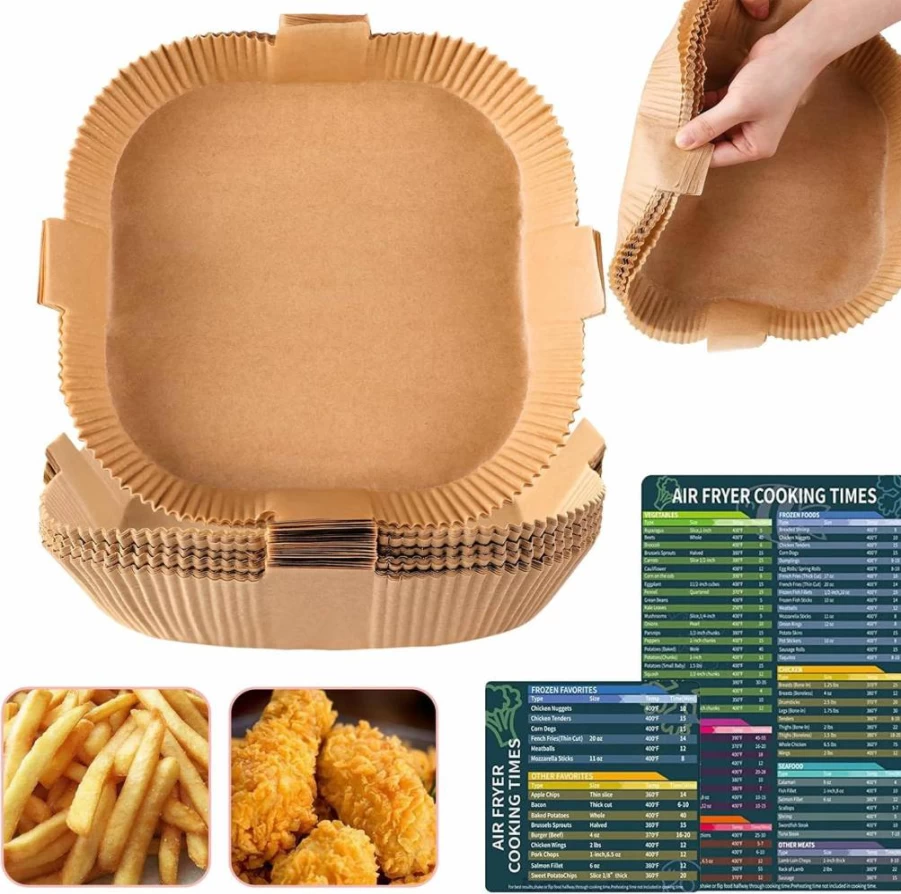 Gropecan 50Pcs 7.9 Inch Square Air Fryer Paper Liners, Non-Stick Parchment Baking Sheets, Oil & Water Proof, Food Grade for Air Fryer Basket, Oven, Pan, Natural Disposable Insert