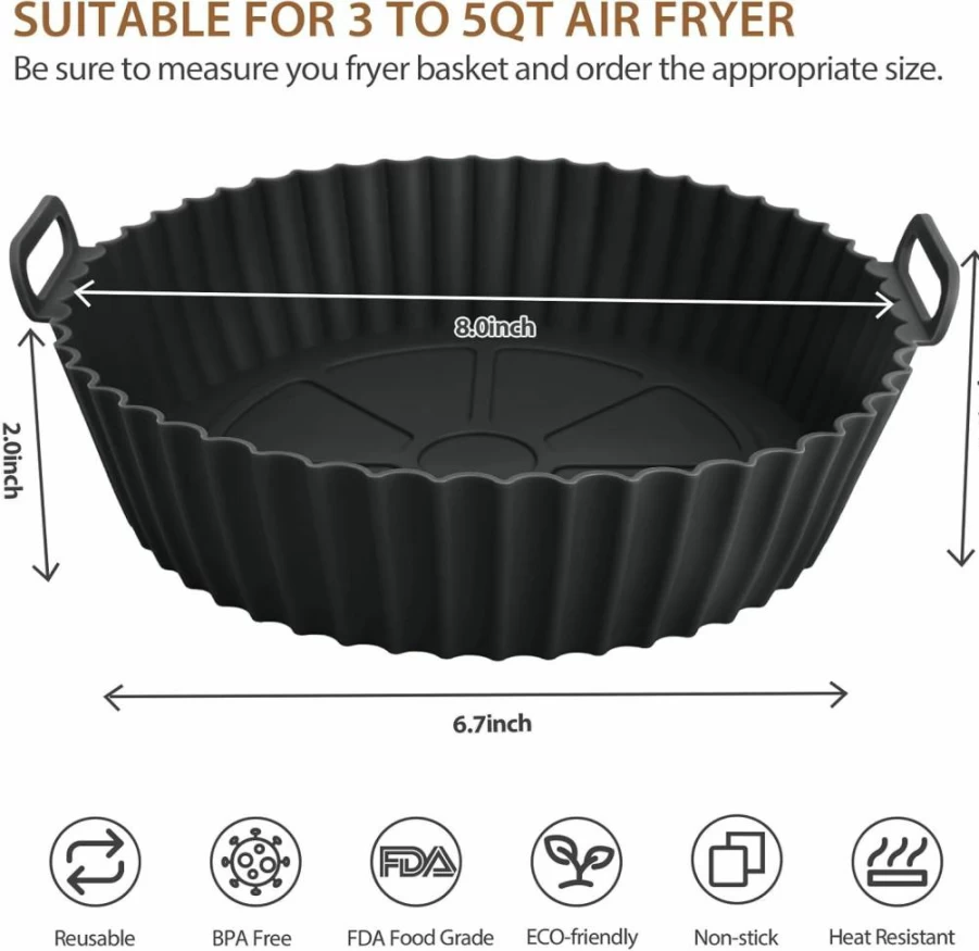 2 Pack Viretec Reusable Silicone Air Fryer Liners for Ninja 3-5Qt, Non-Slip Basket & Baking Tray Replacement, Top 8In Bottom 6.8In, Oven Safe Accessories